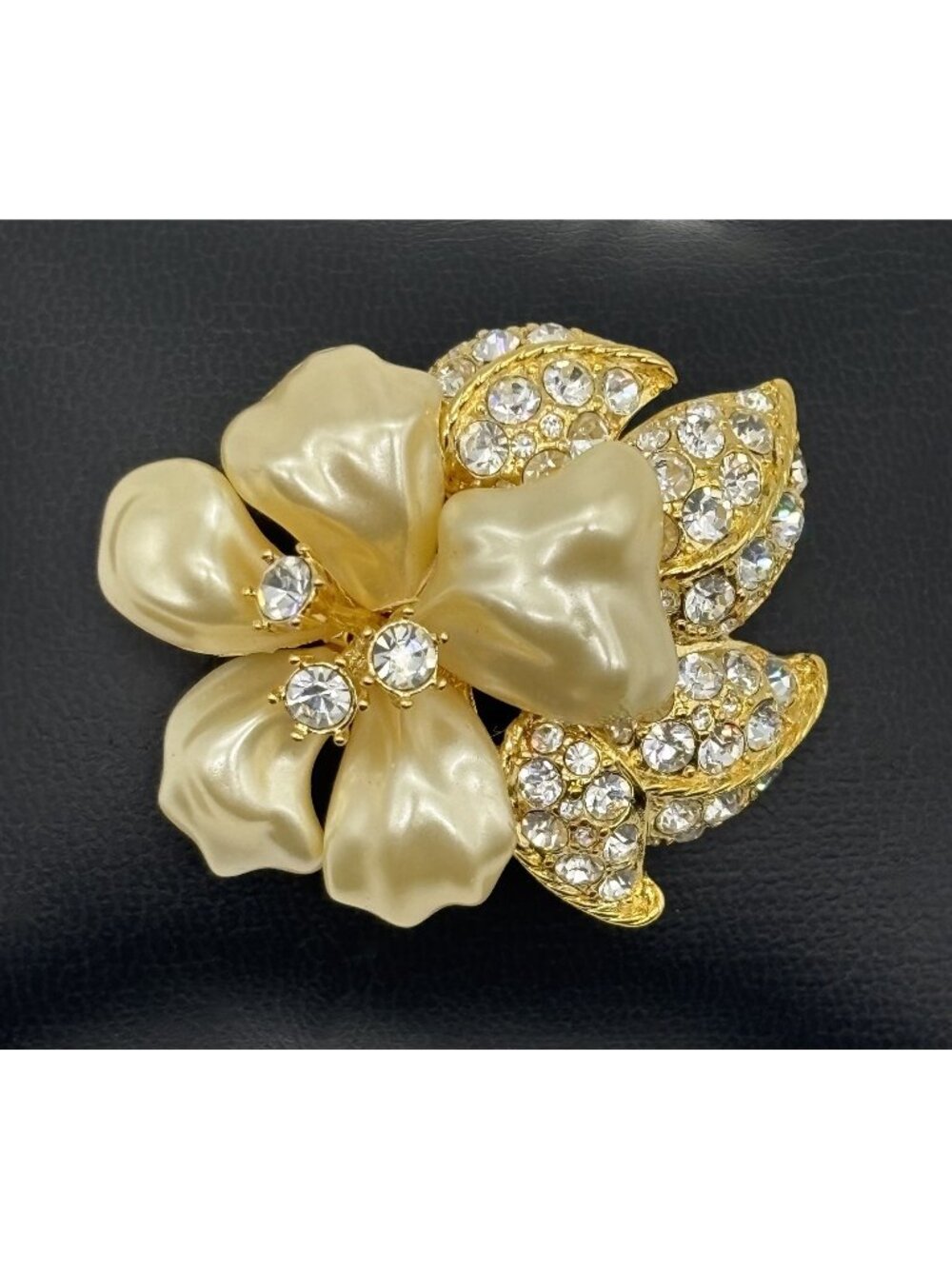 Vintage Nolan Miller Hibiscus Brooch Pearlized Lucite Petals W/Clear Rhinestones